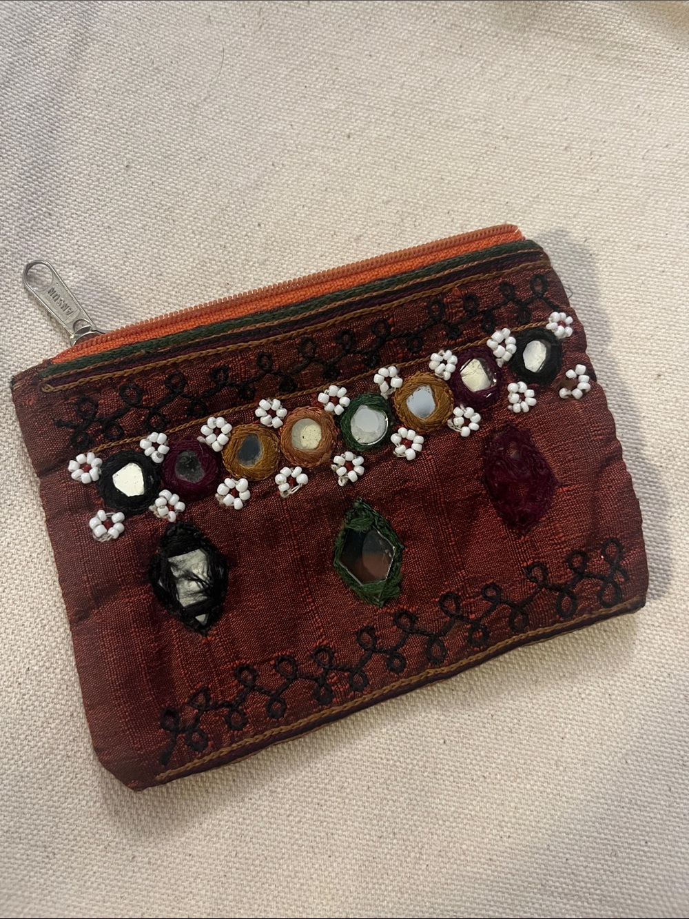 Embellished Maroon Zipper Cosmetic Pouch - Handcrafted Style Change Bag 103